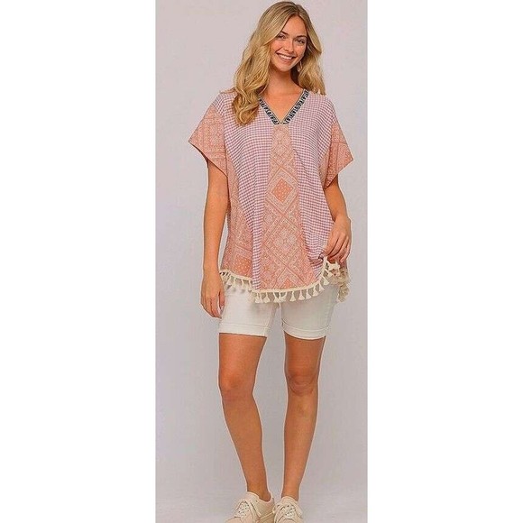 New Gigio Size S M L Dusty Apricot Gingham Bandana Oversized Caftan Tunic Top - Picture 2 of 5